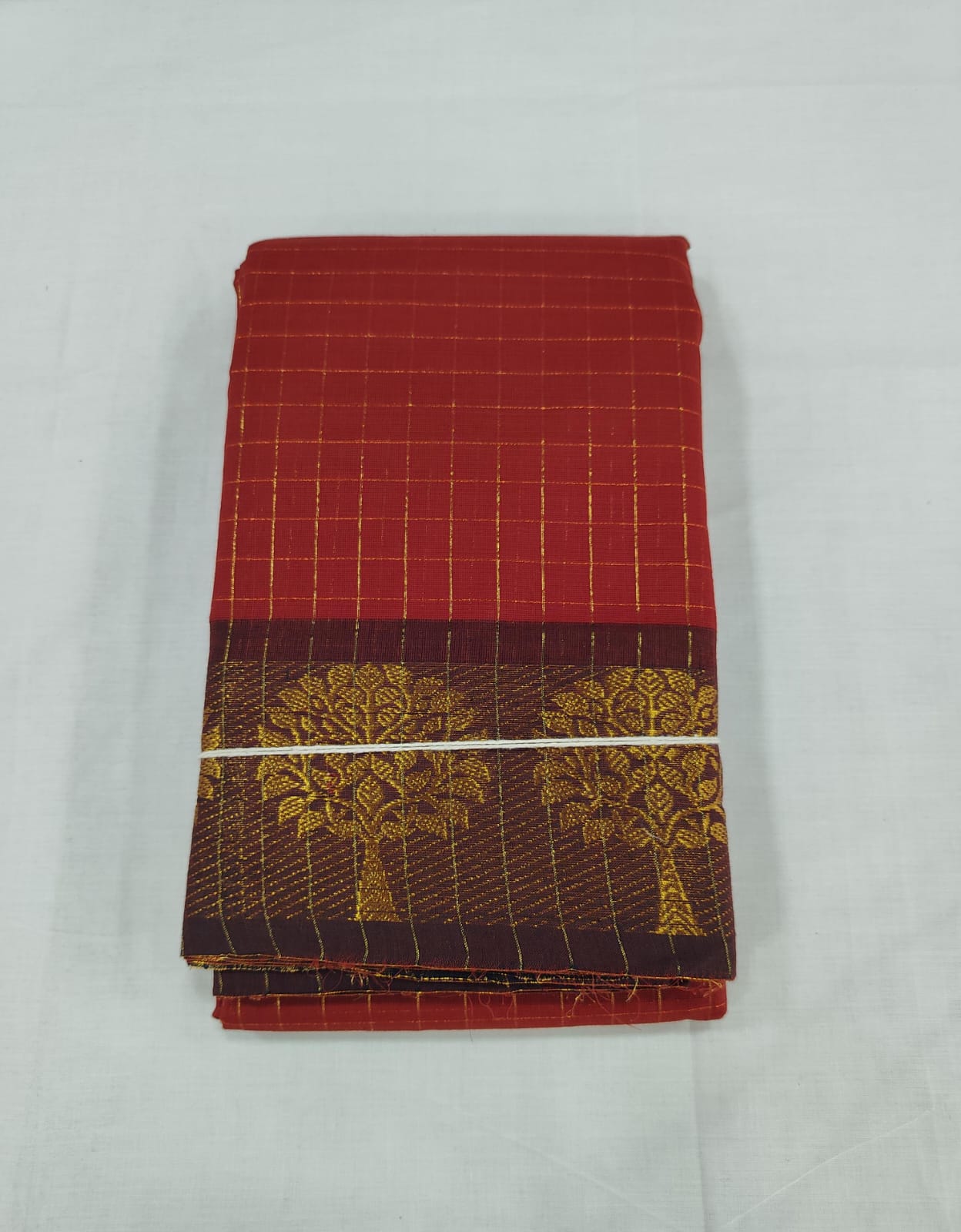 Brick Red Chungudi Cotton Saree with Maroon Tree Zari Border