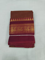 Rust Brown Cotton Saree with Maroon Zari Peacock Border – Traditional Chettinad Style
