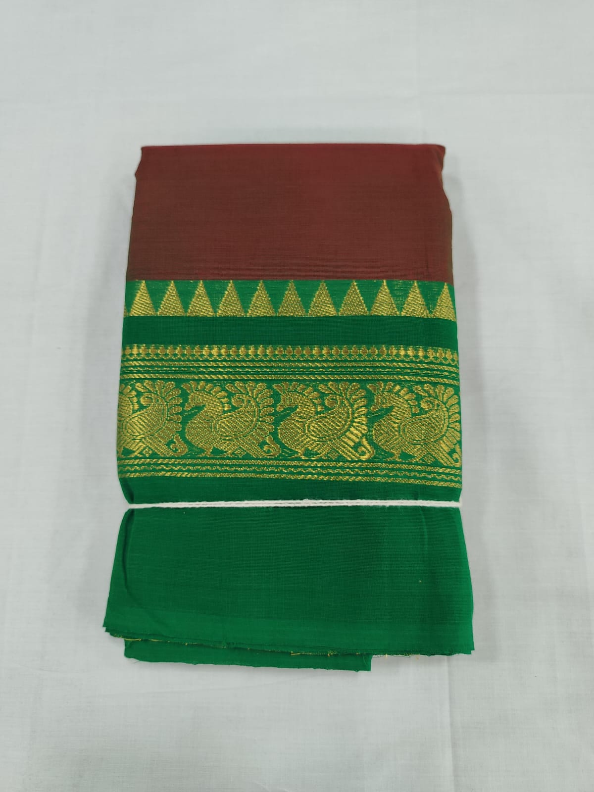 Rust Brown Cotton Saree with Green Zari Peacock Border