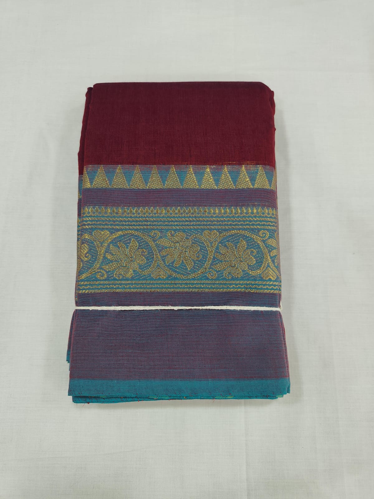 Maroon Cotton Saree with Blue Zari Floral Border