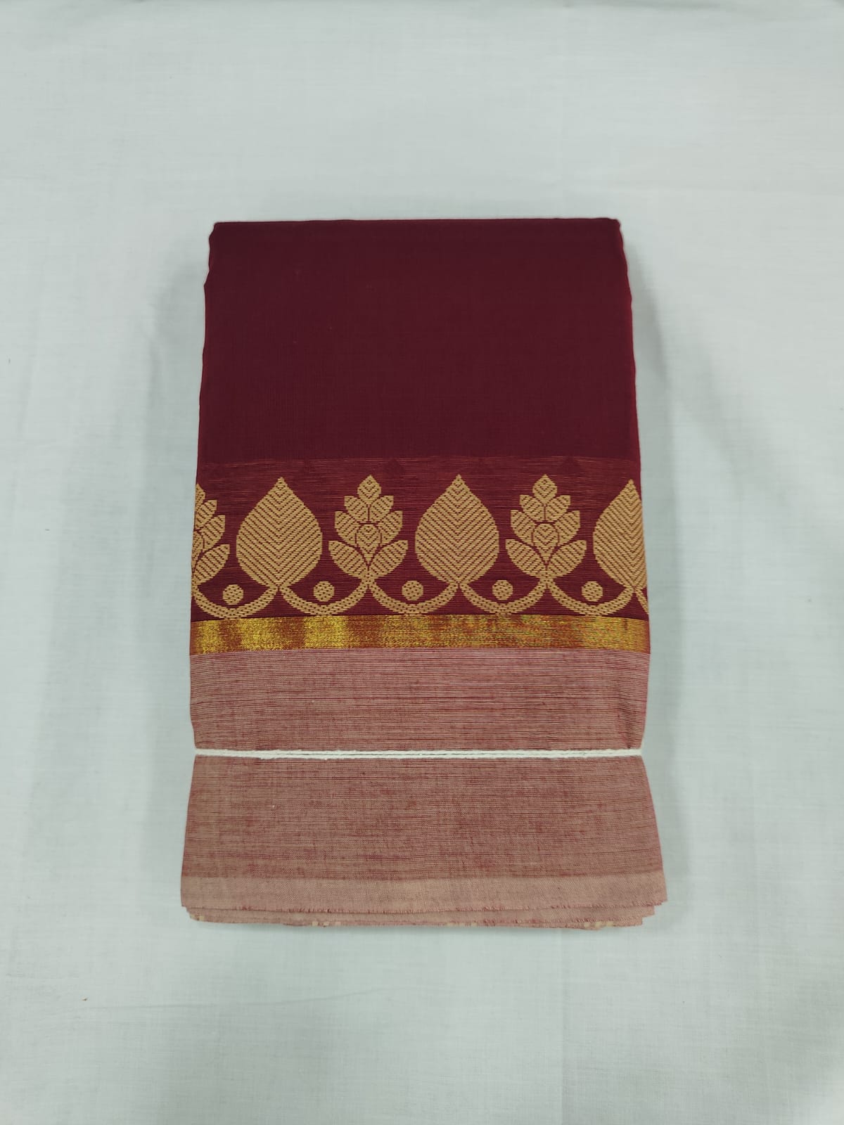 Maroon Cotton Saree with Gold Zari Leaf Border
