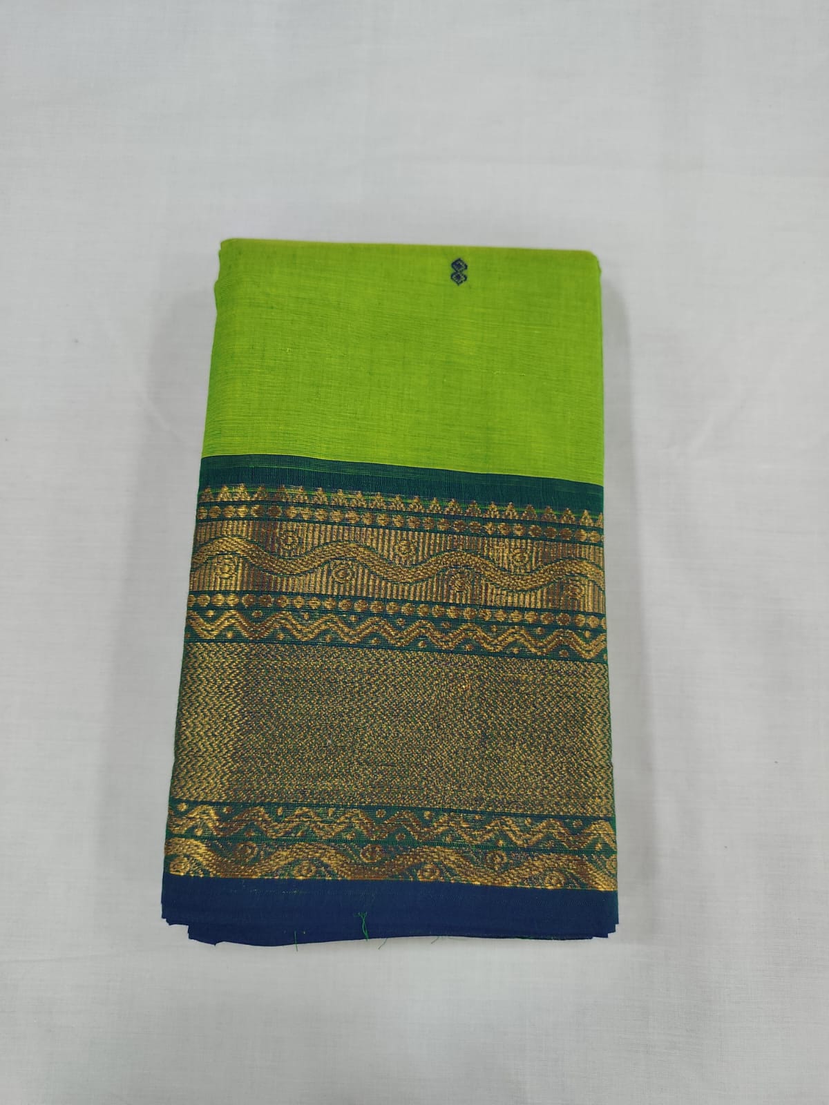 Parrot Green Cotton Saree with Navy Blue Zari Border