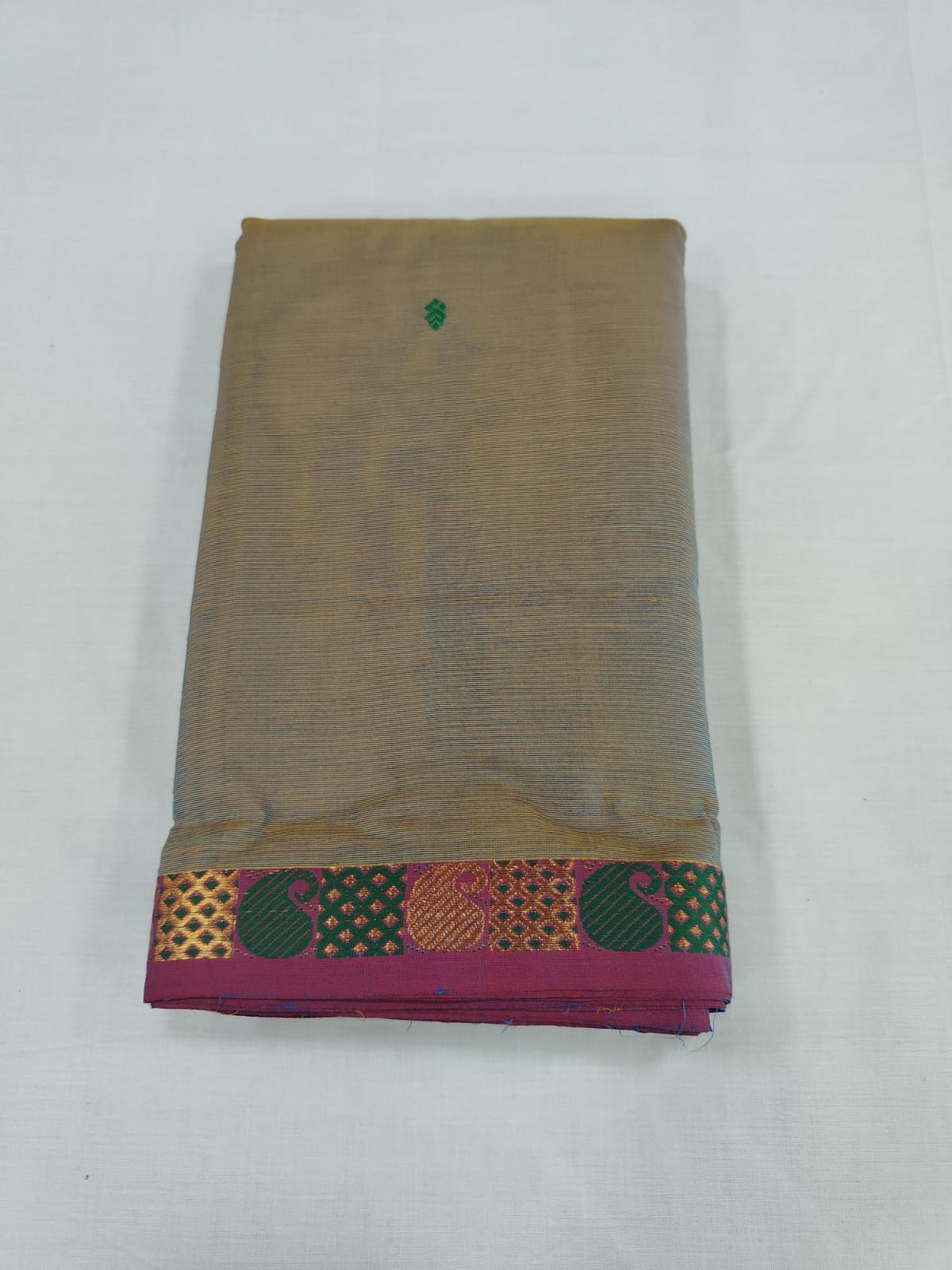 Beige Cotton Saree with Pink & Green Zari Border