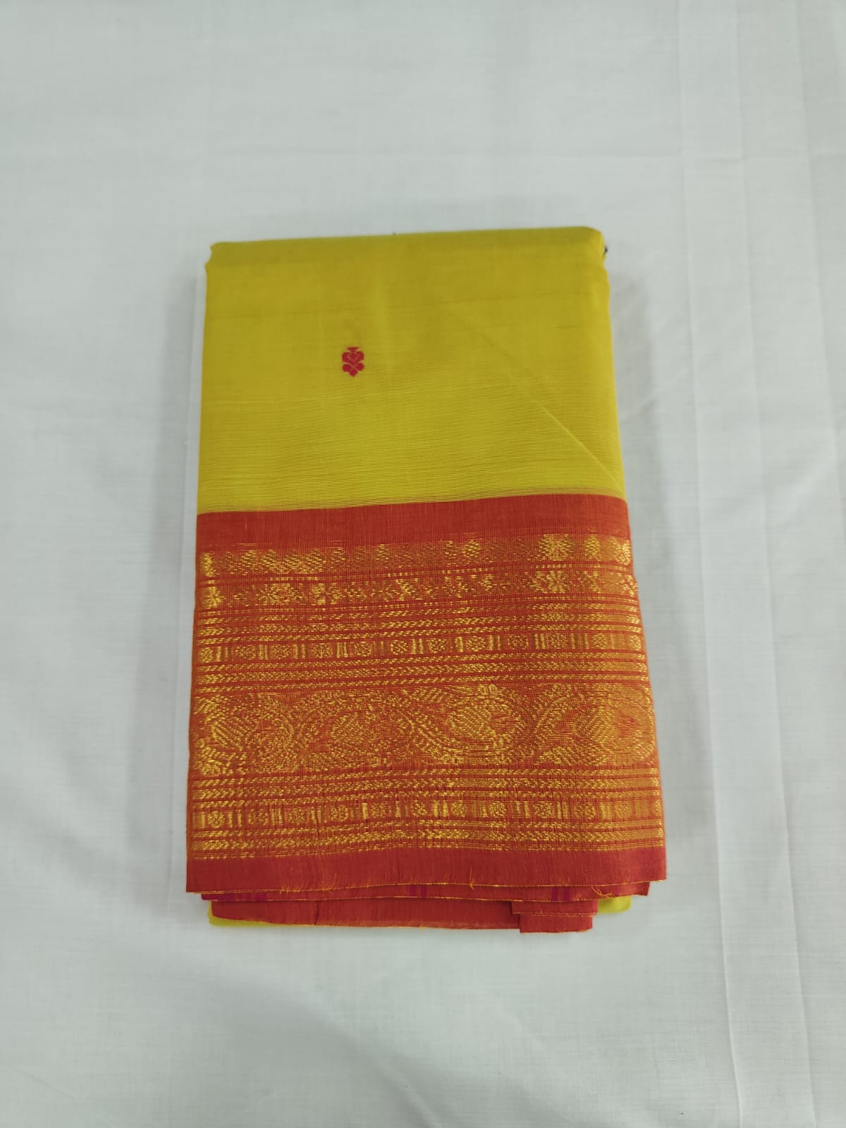 Yellow Cotton Saree with Orange Zari Border