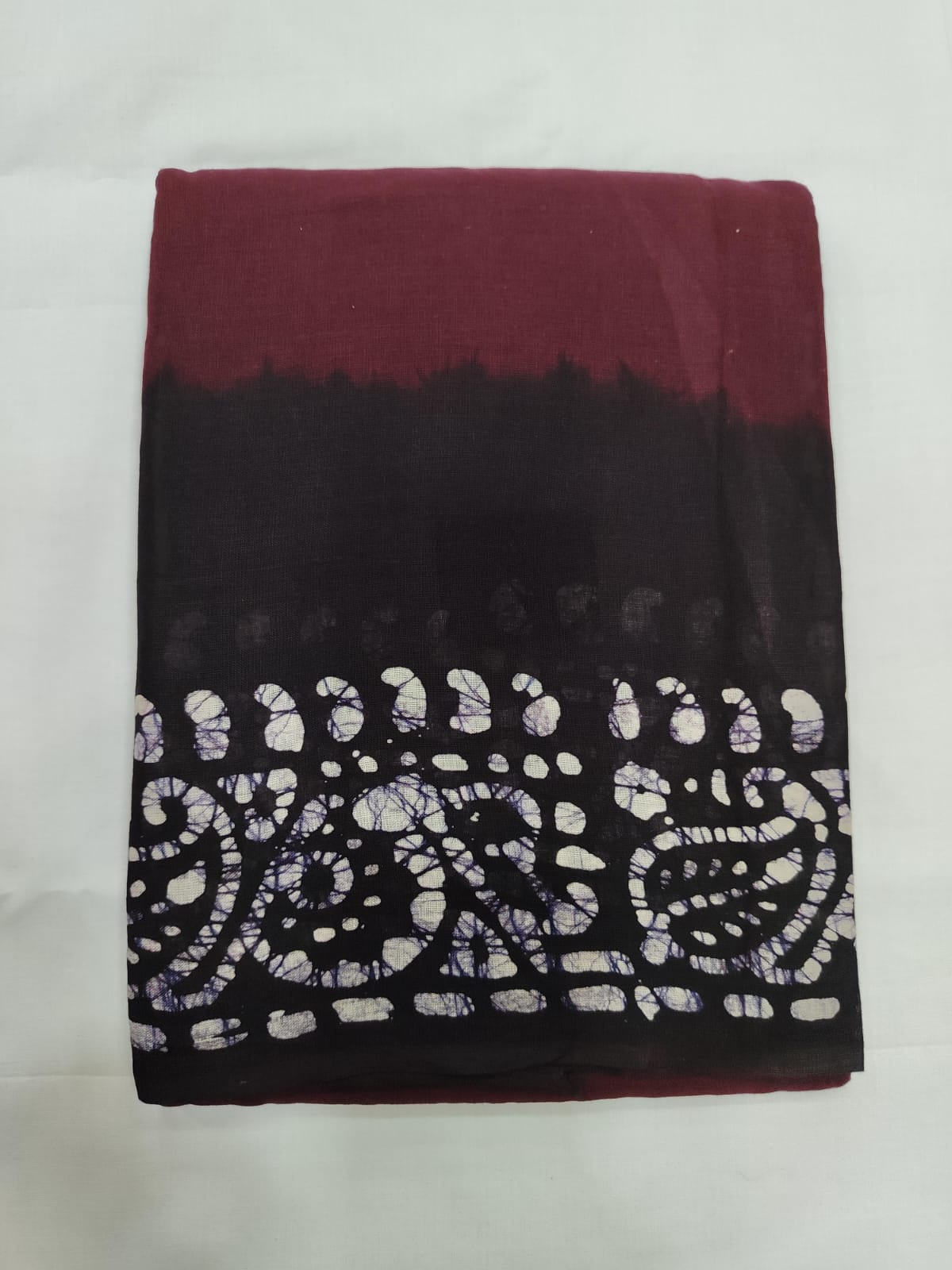 Maroon Mulmul Cotton Saree with Black Batik Print Border