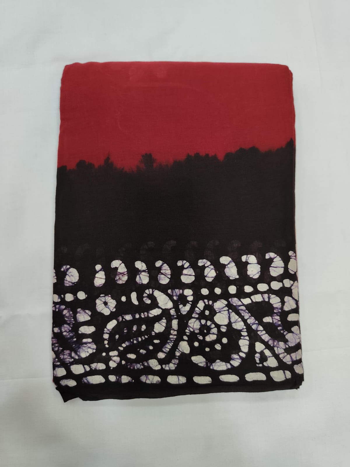 Red Mulmul Cotton Saree with Black Batik Print Border