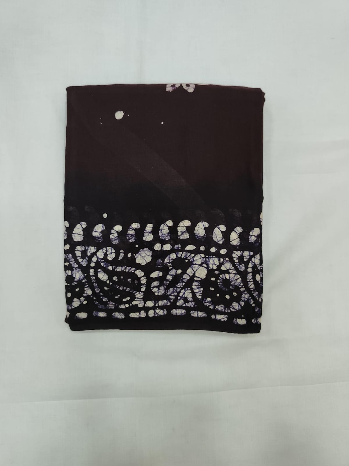 Dark Brown Mulmul Cotton Saree with Black Batik Print Border