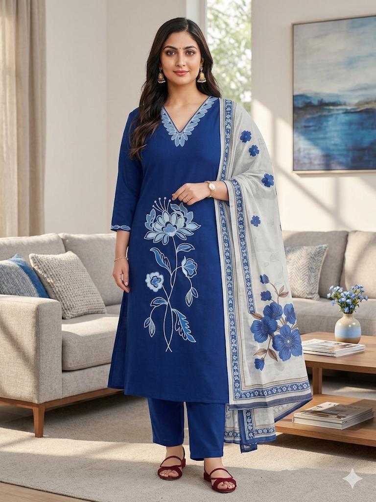 Navy Blue Umbrella Salwar Suit Set with Floral Dupatta