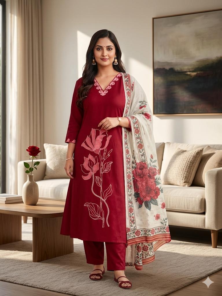 Maroon Umbrella Salwar Suit Set with Floral Dupatta