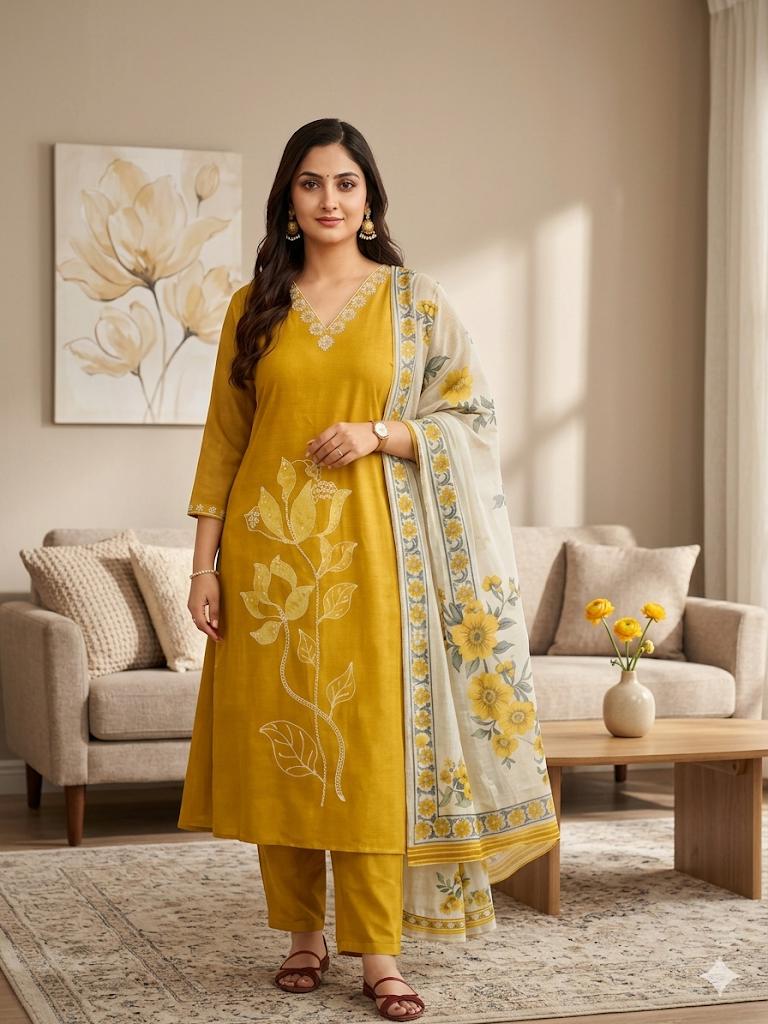 Mustard Yellow Umbrella Salwar Suit Set with Floral Dupatta