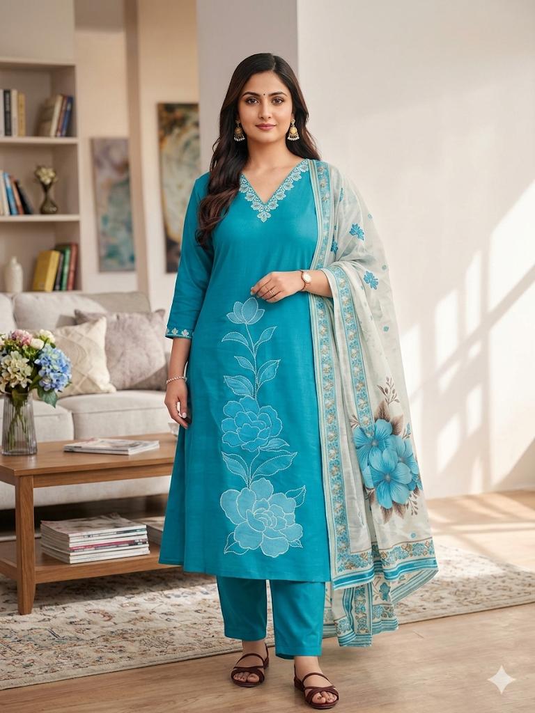 Teal Blue Umbrella Salwar Suit Set with Floral Dupatta