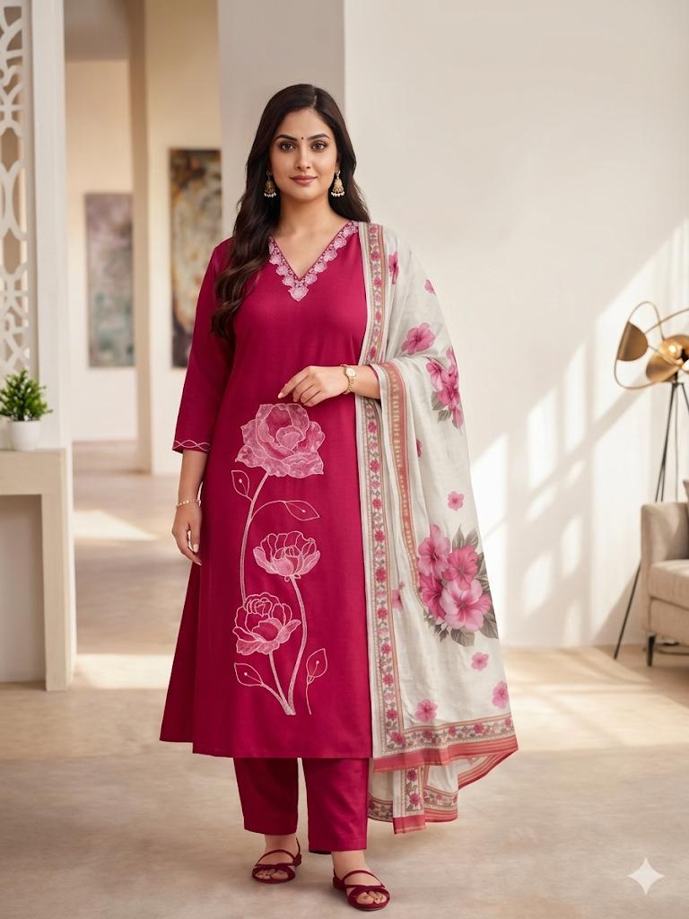 Rose Pink Umbrella Salwar Suit Set with Floral Dupatta