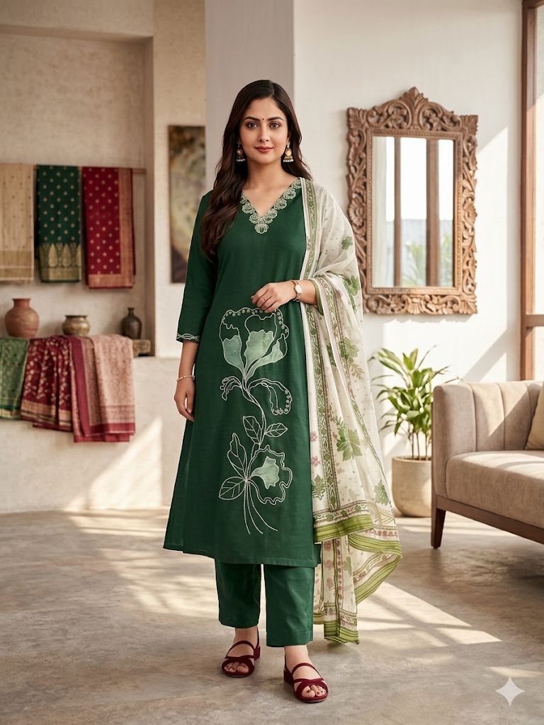 Bottle Green Umbrella Salwar Suit Set with Floral Dupatta
