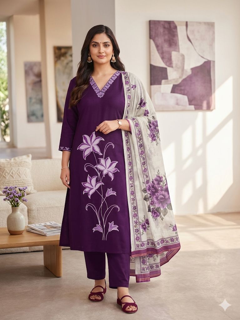 Royal Purple Umbrella Salwar Suit Set with Floral Dupatta