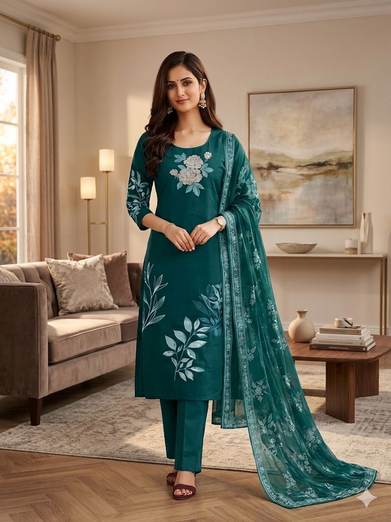 Teal Green Roman Silk Salwar Suit Set with Digital Print Dupatta