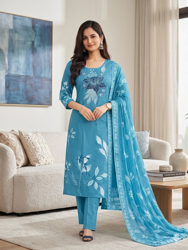 Sky Blue Roman Silk Salwar Suit Set with Digital Print Dupatta