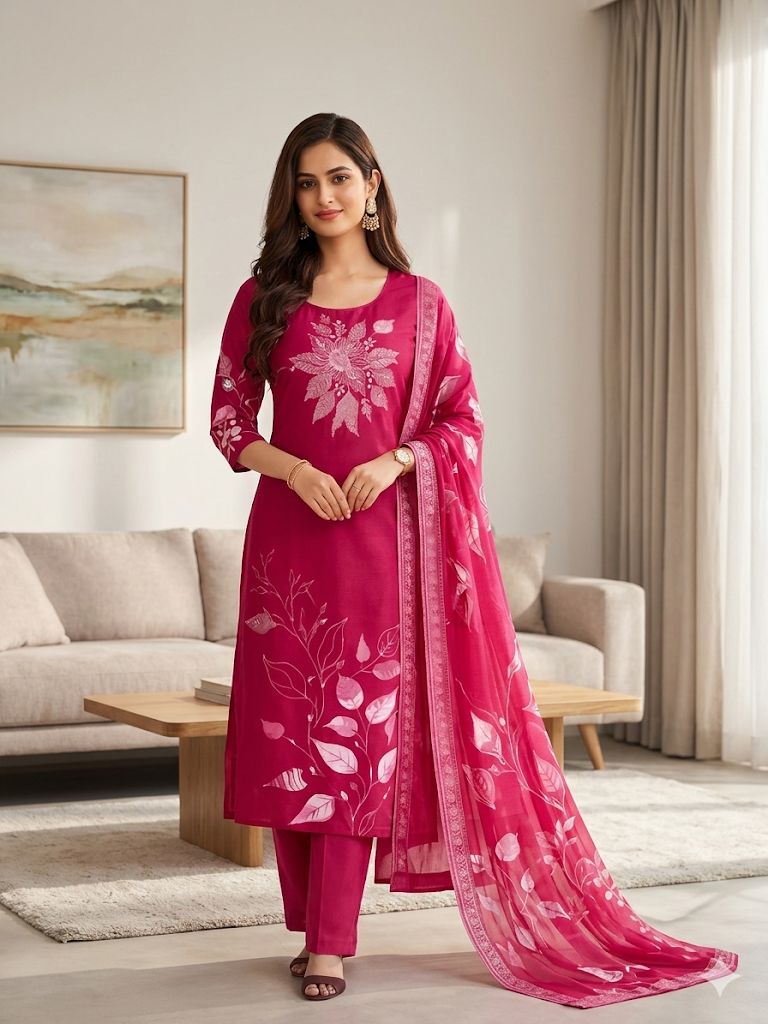 Rani Pink Roman Silk Salwar Suit Set with Digital Print Dupatta