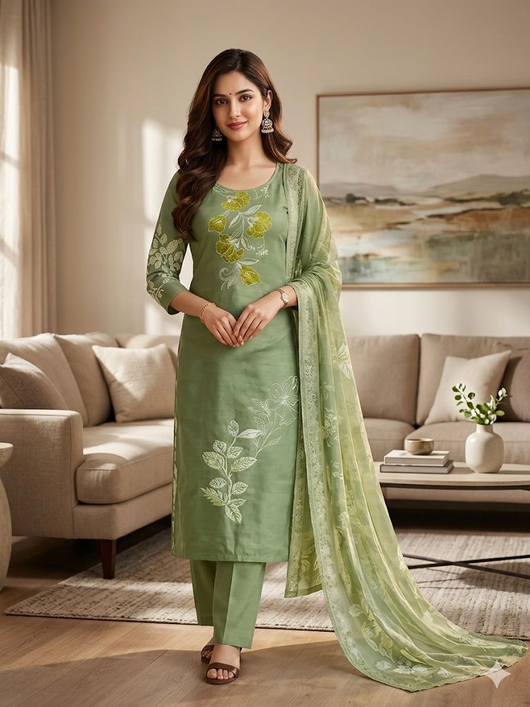 Pista Green Roman Silk Salwar Suit Set with Digital Print Dupatta