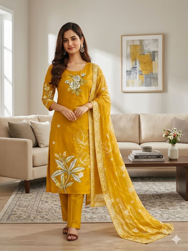 Mustard Yellow Roman Silk Salwar Suit Set with Digital Print Dupatta