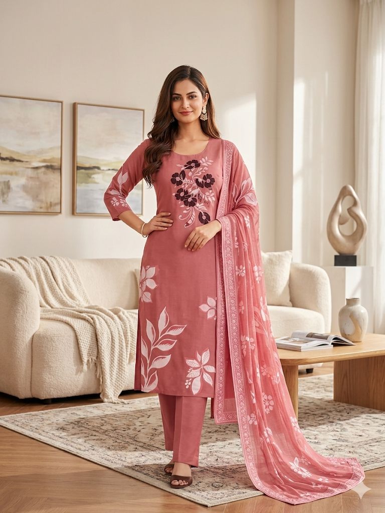 Peach Roman Silk Salwar Suit Set with Digital Print Dupatta