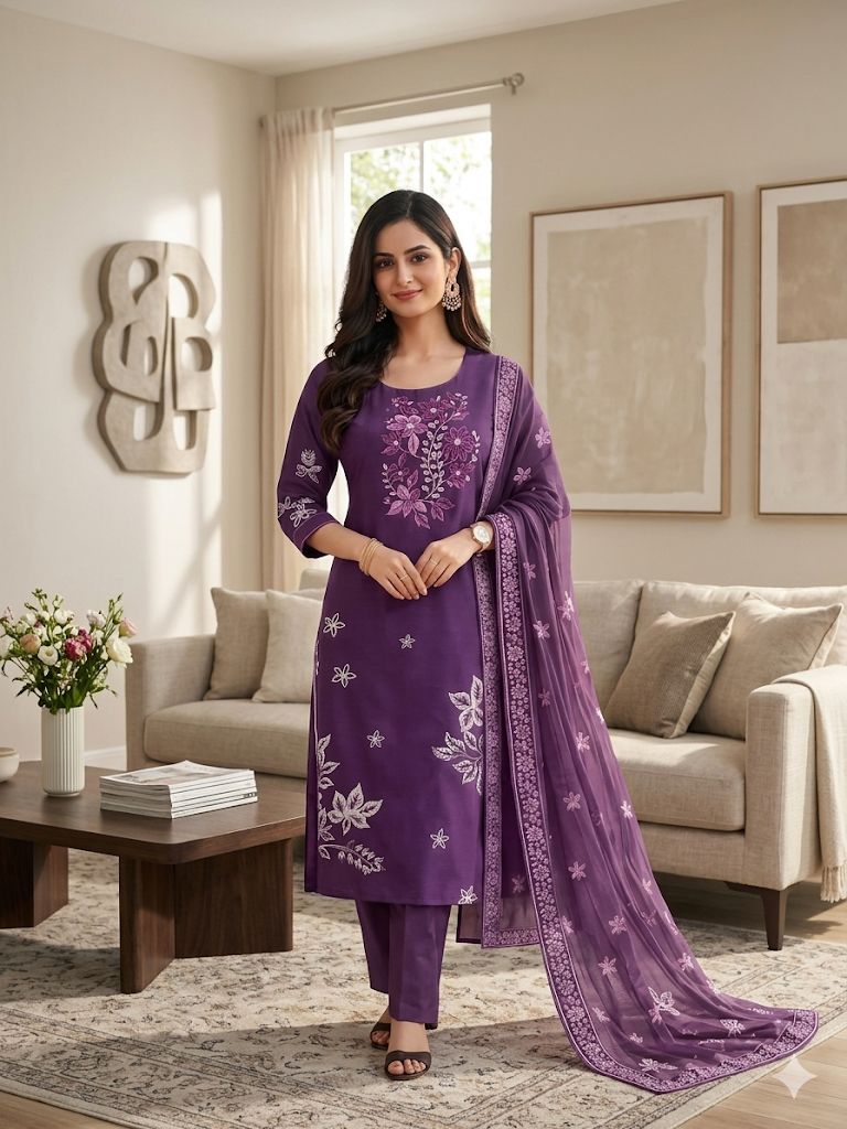 Elegant Purple Roman Silk Salwar Suit Set with Digital Print Dupatta