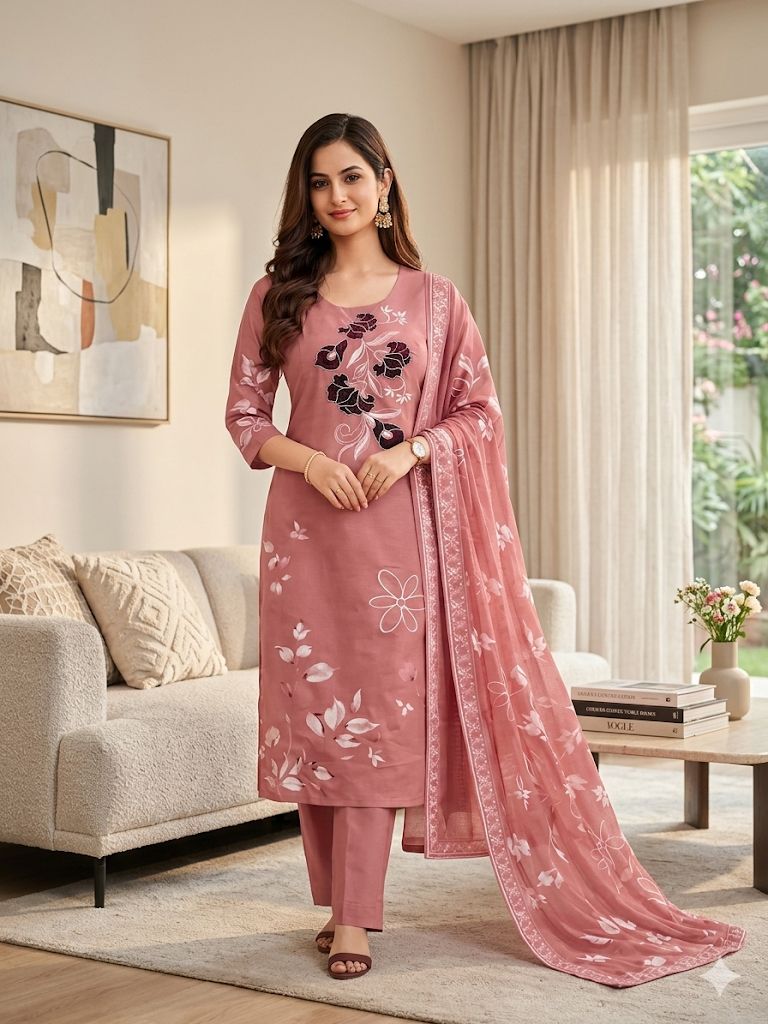 Dusty Rose Roman Silk Salwar Suit Set with Digital Print Dupatta