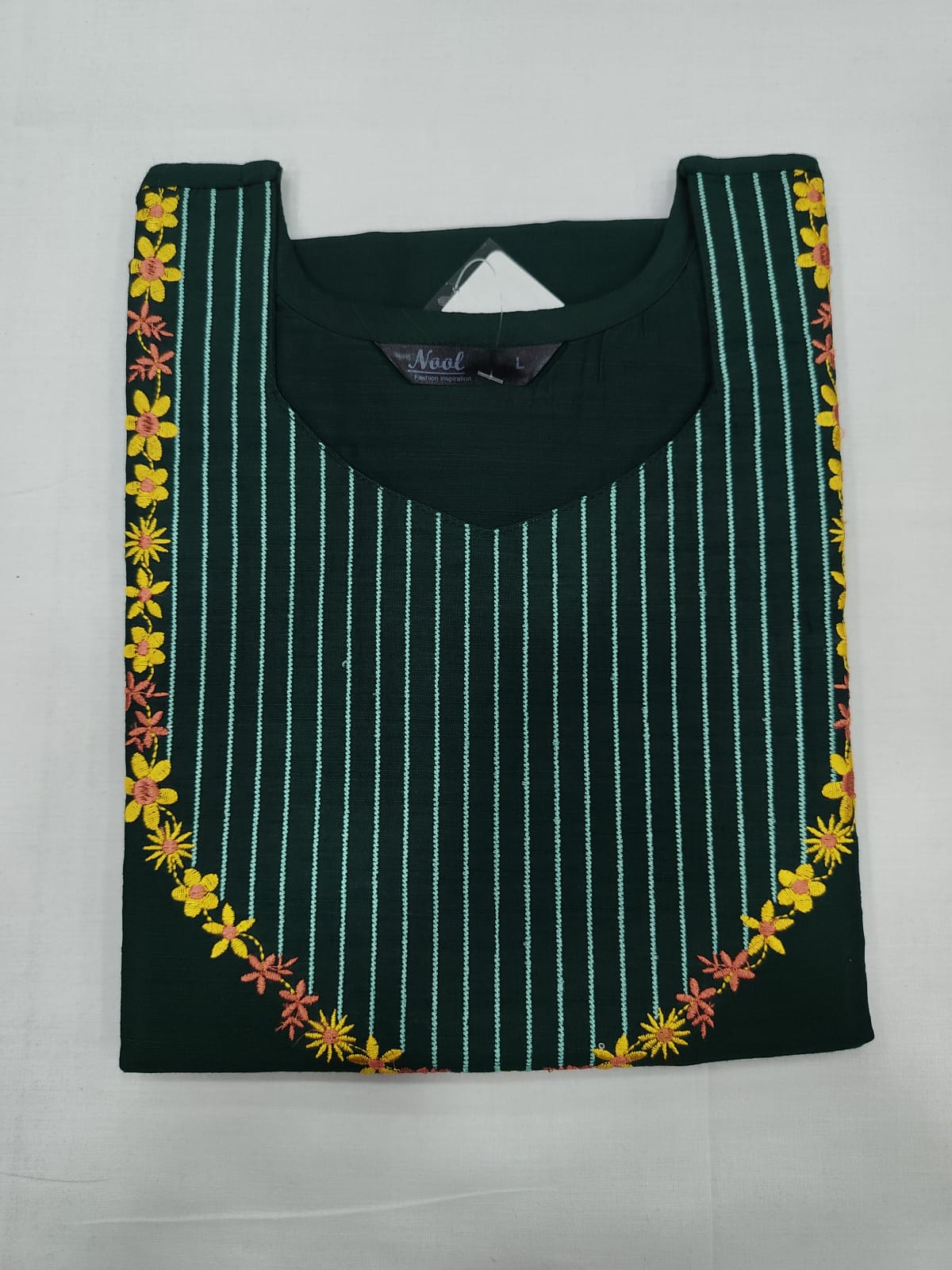 Dark Green Silk Cotton Striped Kurti with Floral Embroidery
