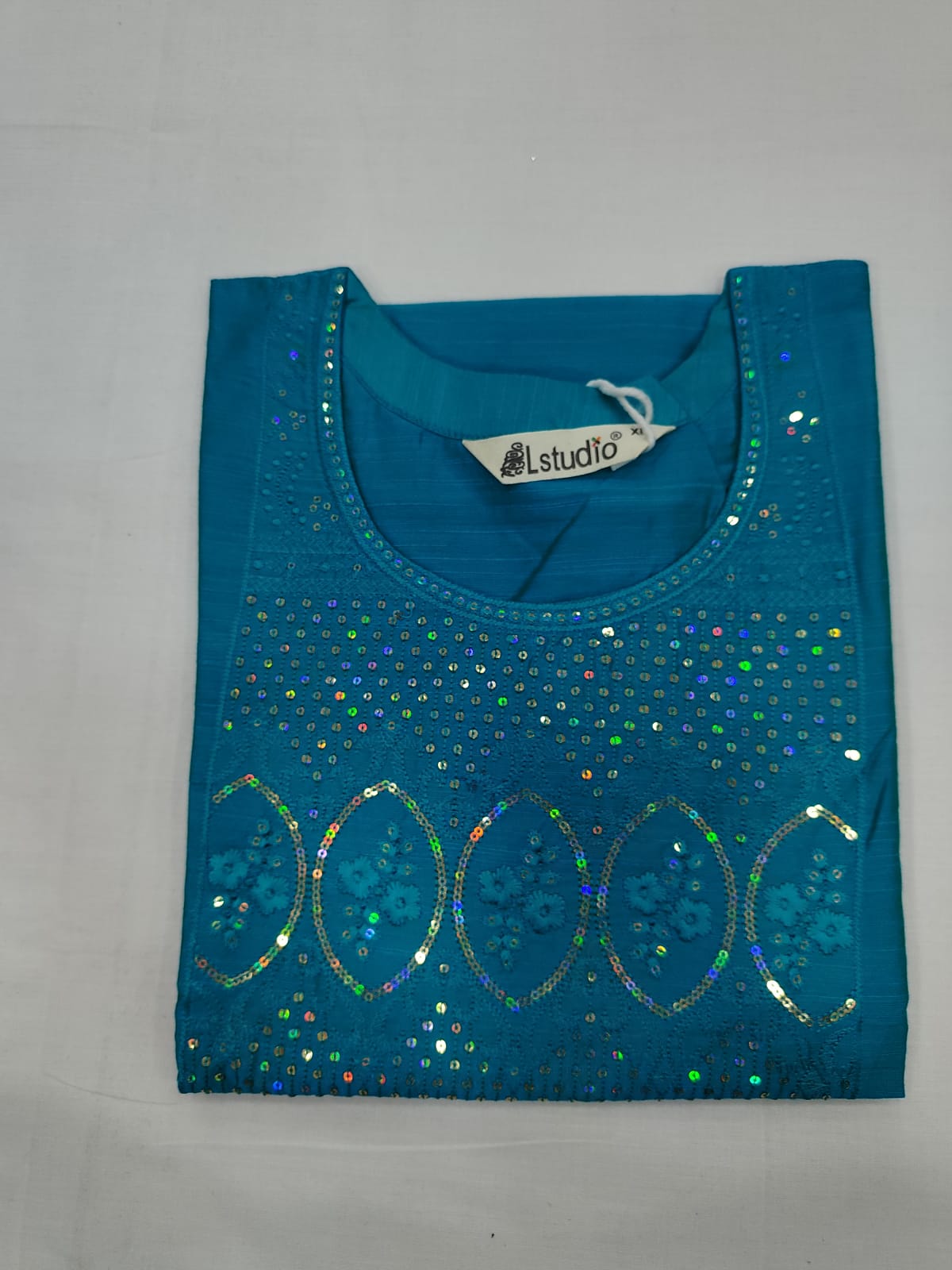 Teal Blue Silk Cotton Embroidered Kurti