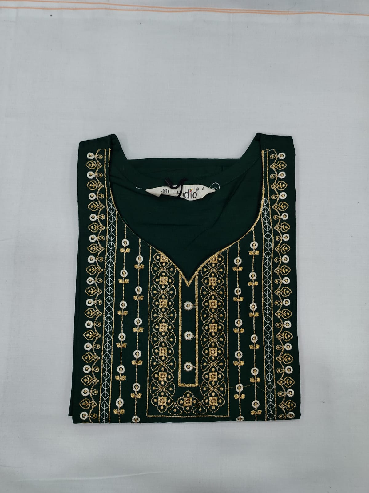 Dark Green Silk Cotton Embroidered Kurti