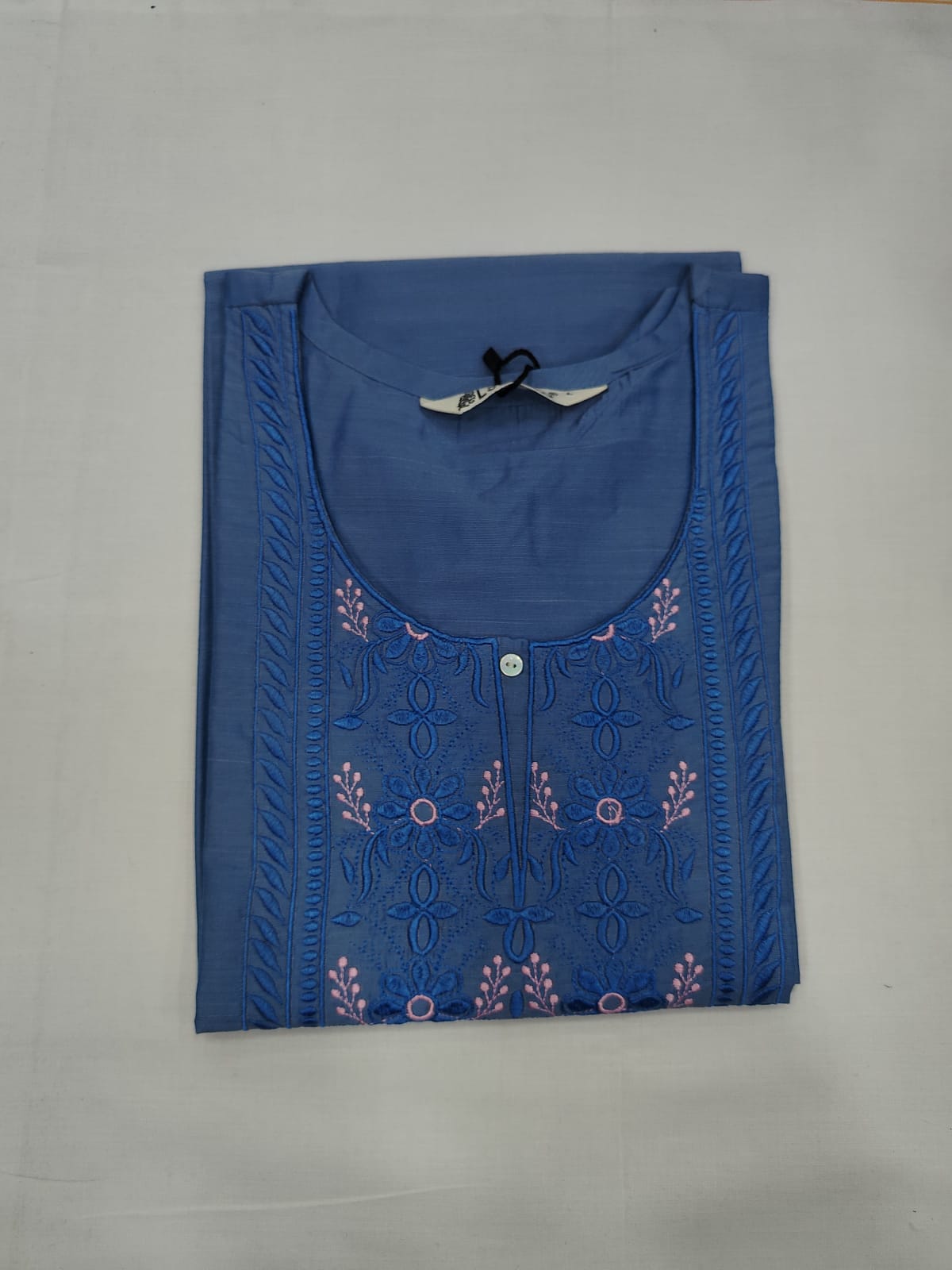 Steel Blue Silk Cotton Embroidered Kurti