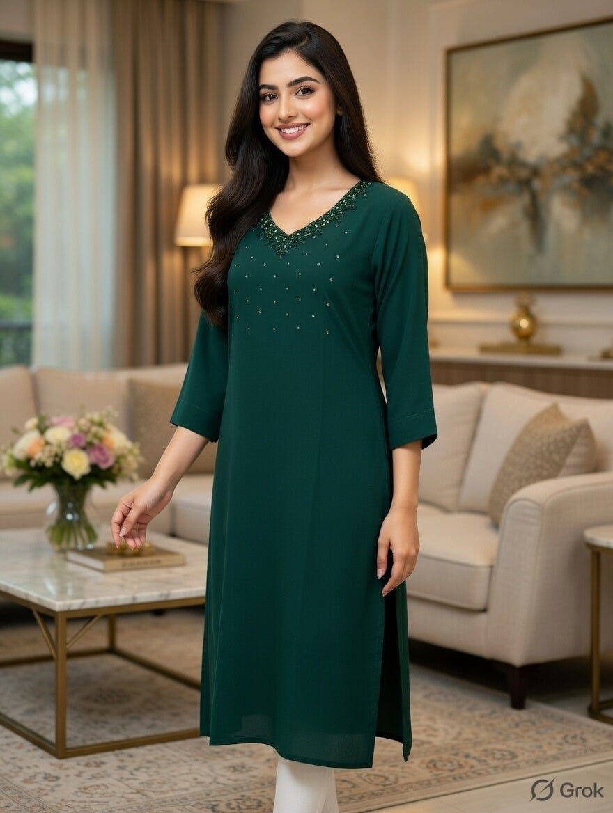 Dark Green V-Neck Kurti