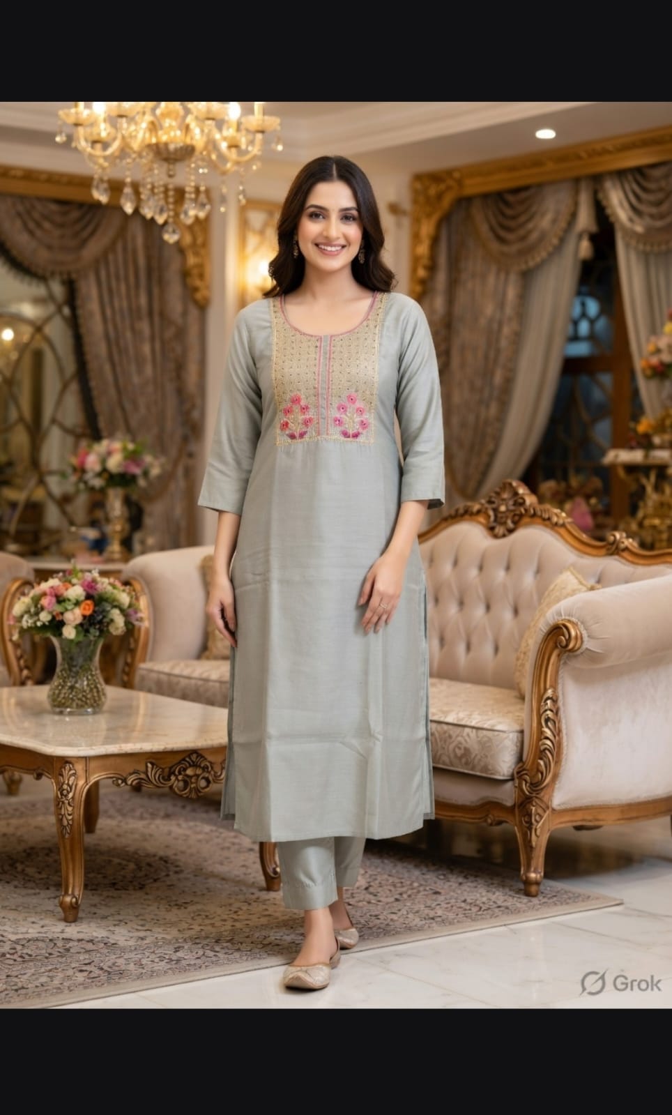 Grey Embroidered Kurti –  Tensile Silk
