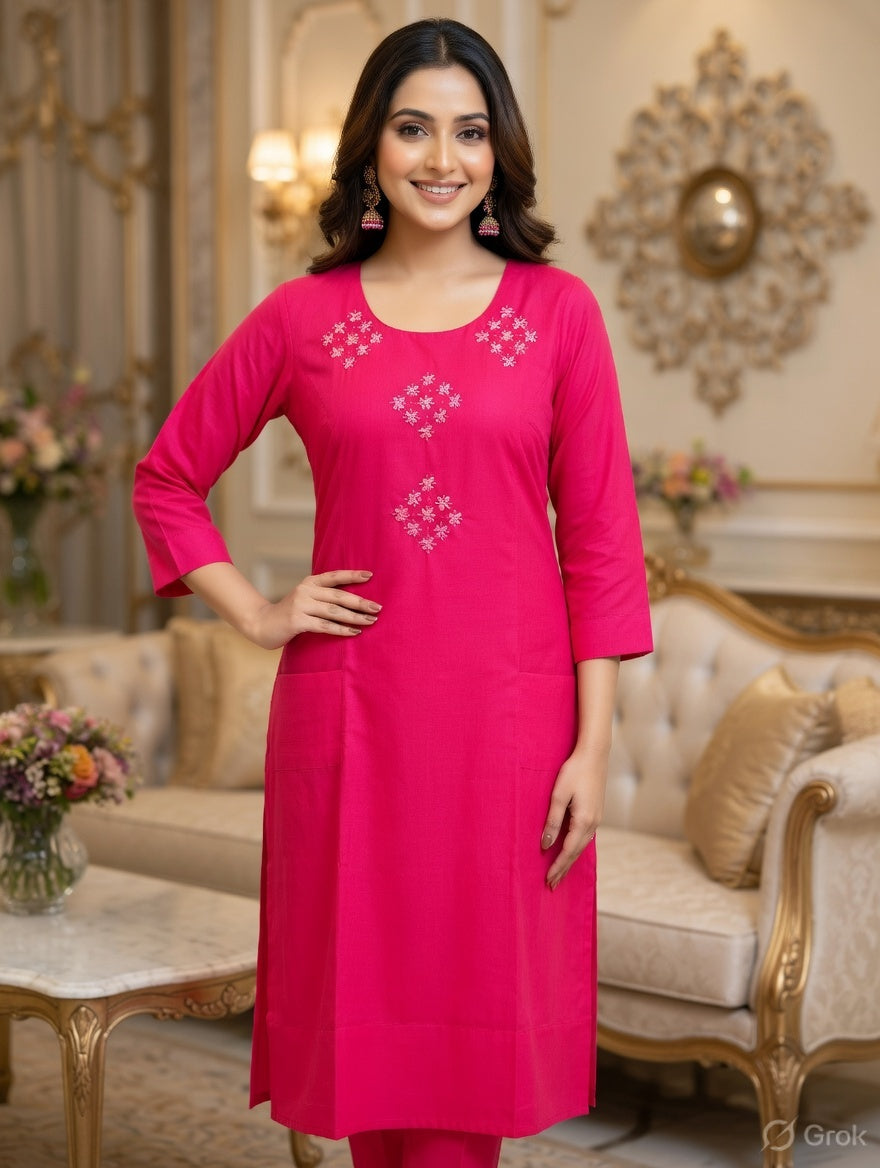 Hot Pink Aari Work Kurti –  Tensile Silk