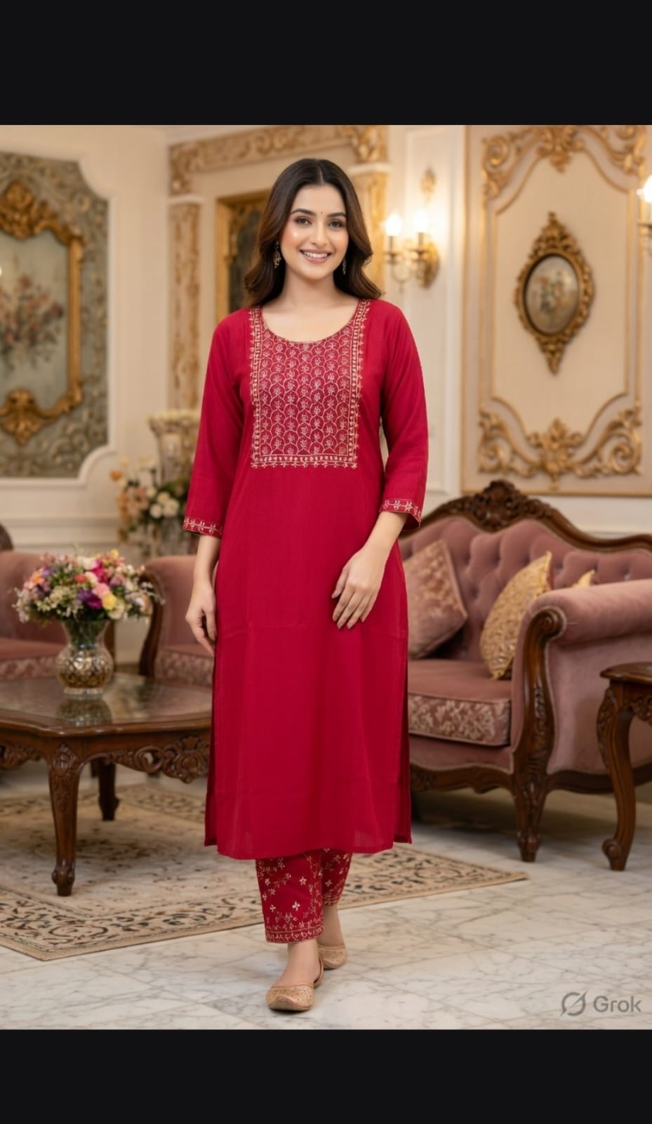 Red Embroidered Kurti –  Tensile Silk