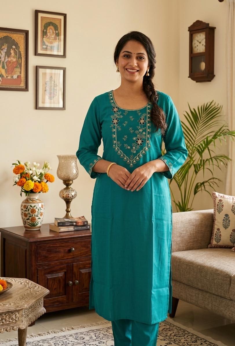 Blue Embroidered Kurti –  Tensile Silk