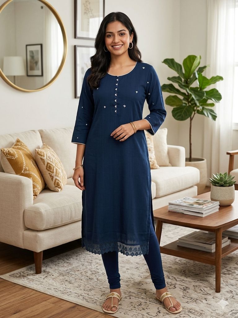 Navy Blue Embroidered Kurti –  Titan Fabric