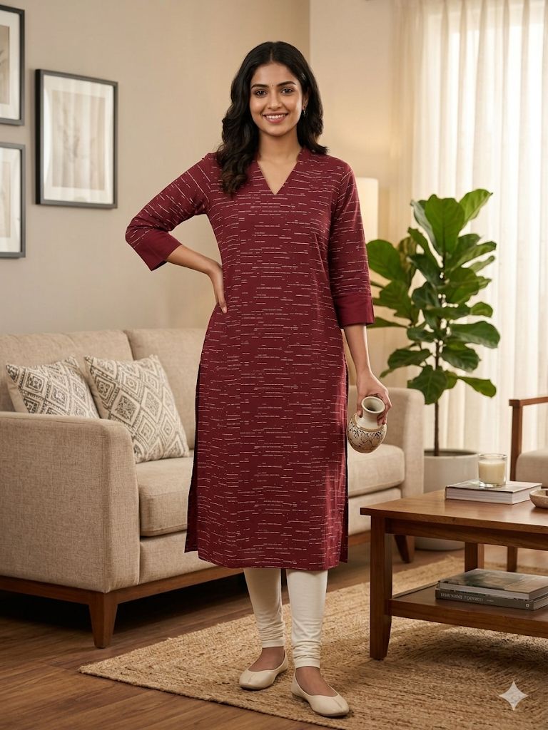 Maroon V-Neck Collar Kurti – Heavy Fabric