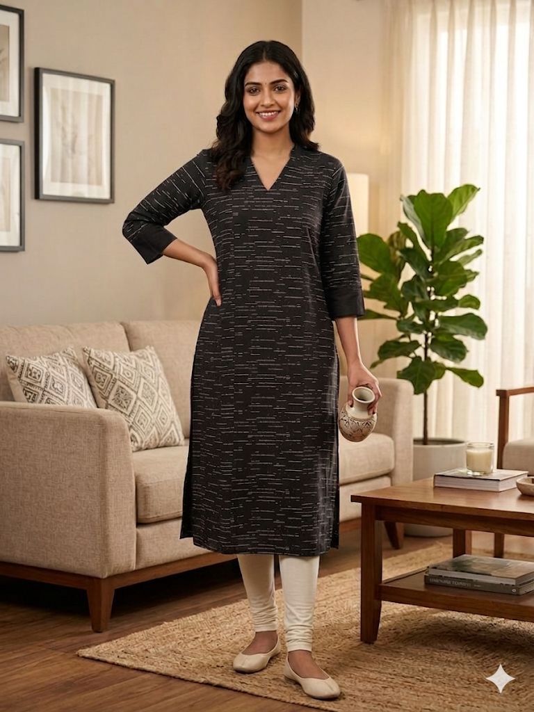Black V-Neck Collar Kurti – Heavy Fabric
