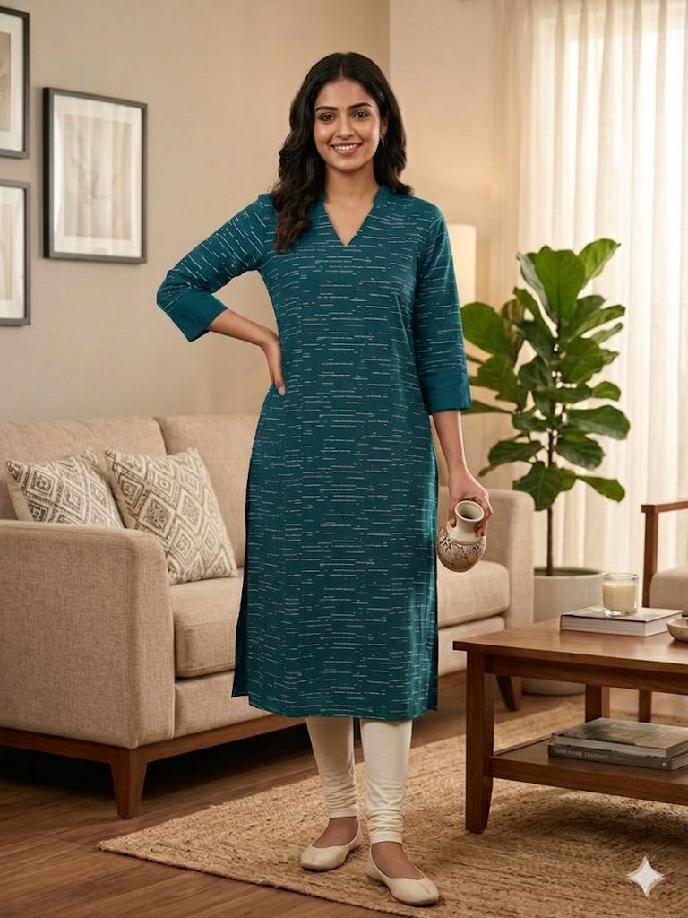 Green V-Neck Collar Kurti – Heavy Fabric