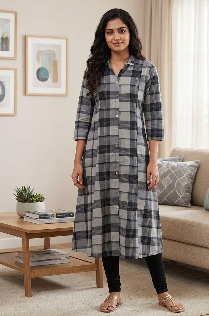 Black Checkered Shirt Style Kurti for Women | A-Line Office Wear Kurti Vembas Shoppie Black Checkered Shirt Style Kurti for Women | A-Line Office Wear Kurti Vembas Shoppie