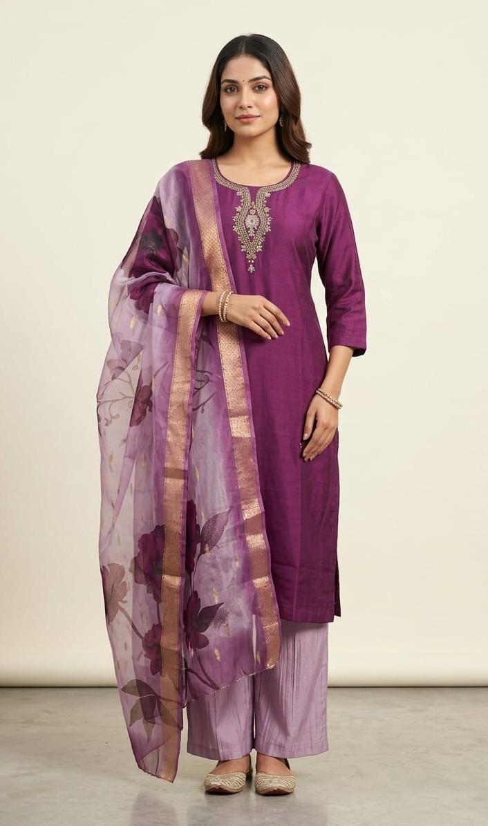 Purple Roman Silk Embroidered Salwar Suit Set with Dupatta