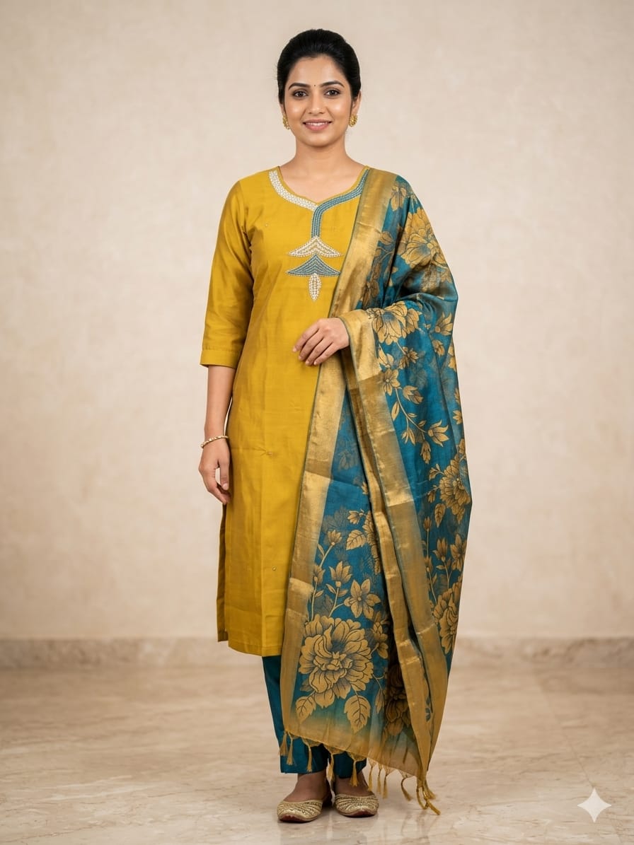 Mustard Yellow & Teal Embroidered Salwar Suit Set with Jacquard Dupatta