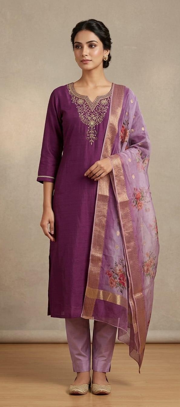 Wine Roman Silk Embroidered Salwar Suit Set with Floral Dupatta