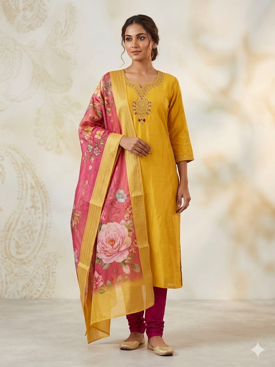 Yellow Roman Silk Embroidered Salwar Suit Set with Floral Dupatta