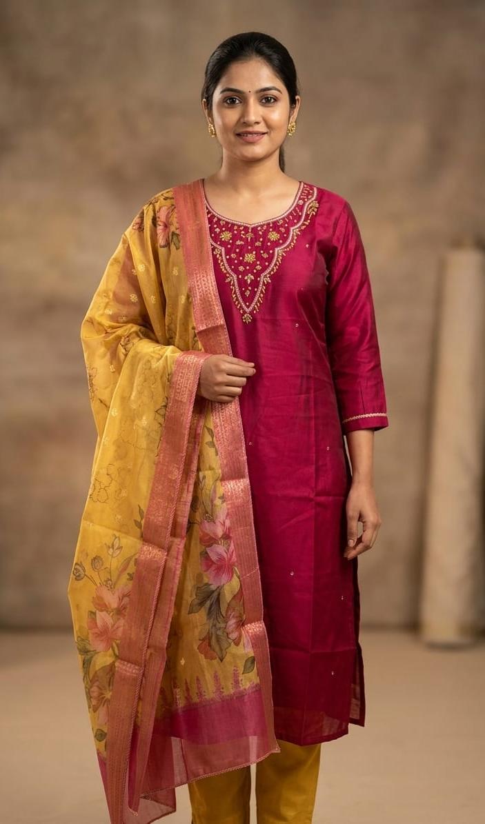 Red Roman Silk Embroidered Salwar Suit Set with Floral Dupatta)
