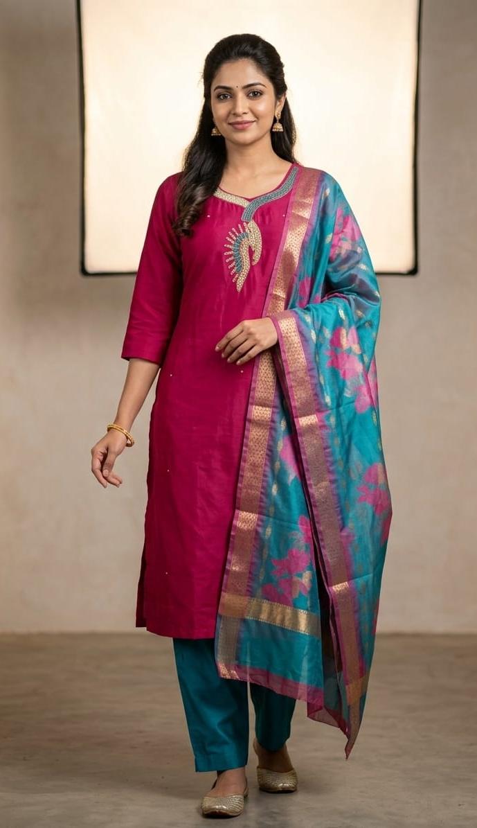Pink Roman Silk Embroidered Salwar Suit Set with Contrast Dupatta