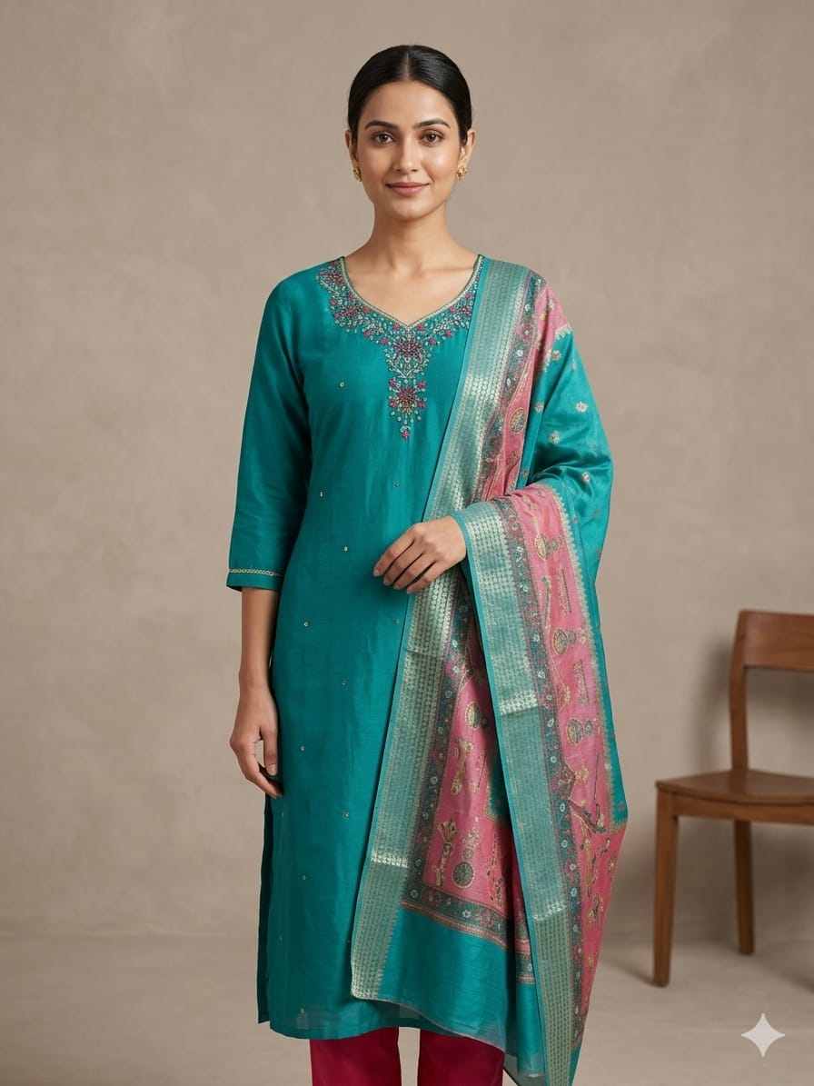 Teal Green Roman Silk Embroidered Salwar Suit Set with Contrast Dupatta