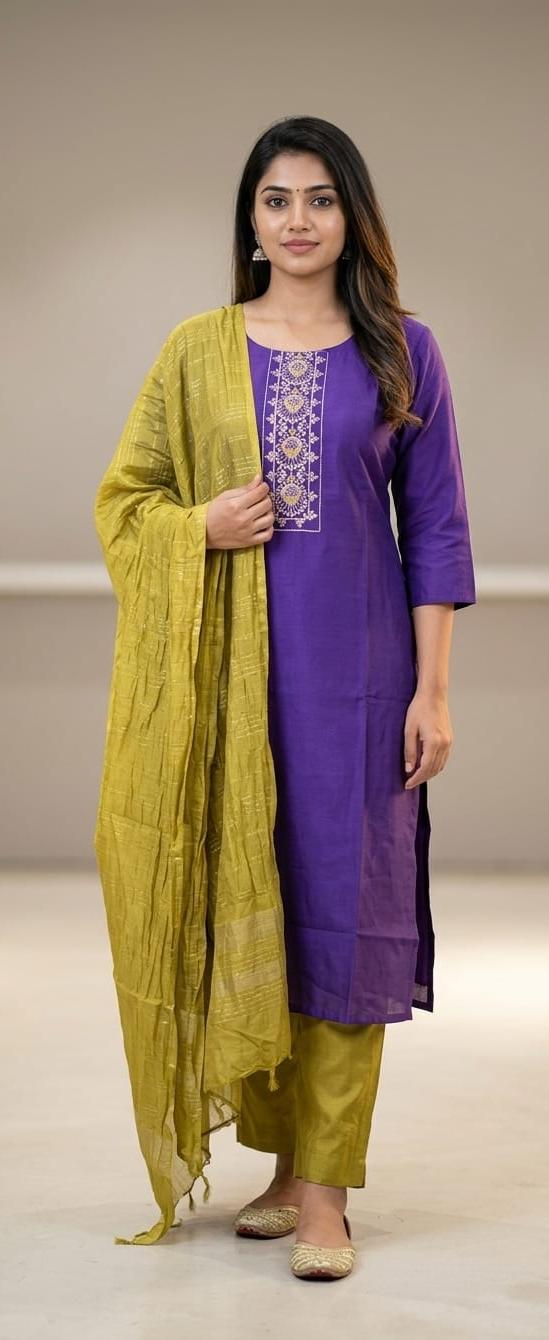 Violet Roman Silk Embroidered Salwar Suit Set with Mustard Dupatta