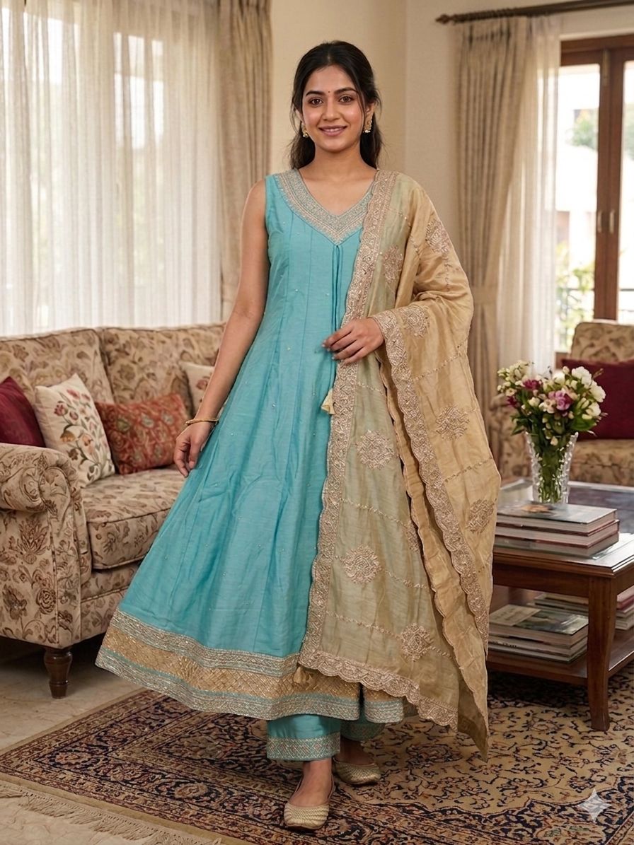 Aqua Blue Roman Silk Embroidered Umbrella Salwar Suit with Beige Dupatta