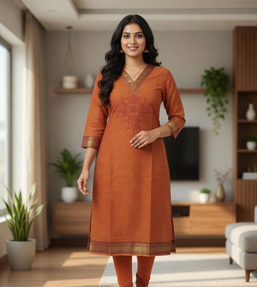 Elegant Rust Chettinad Cotton Kurti with Embroidery